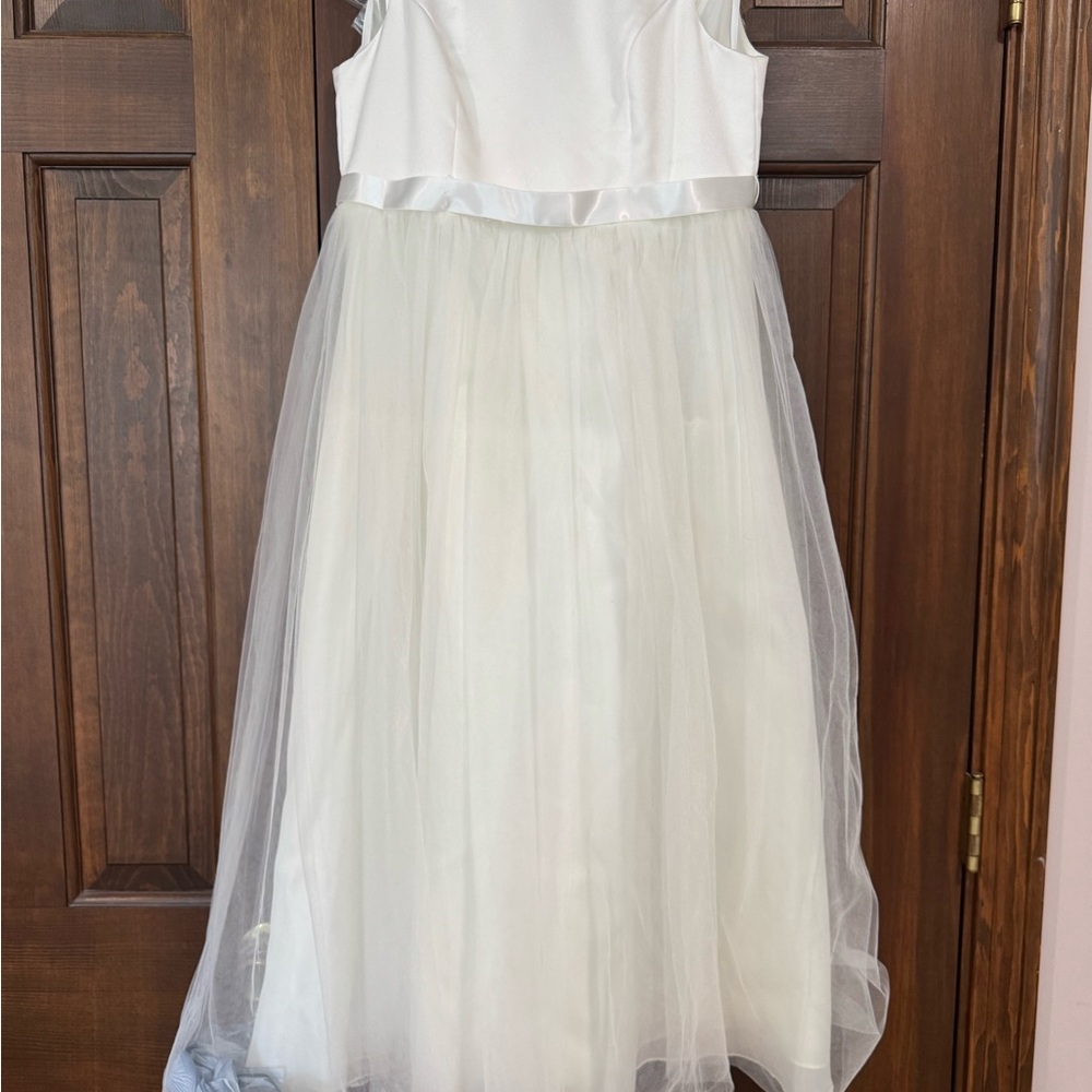 White Sleeveless Scoop Neck Formal flower girl dress with blue petals
